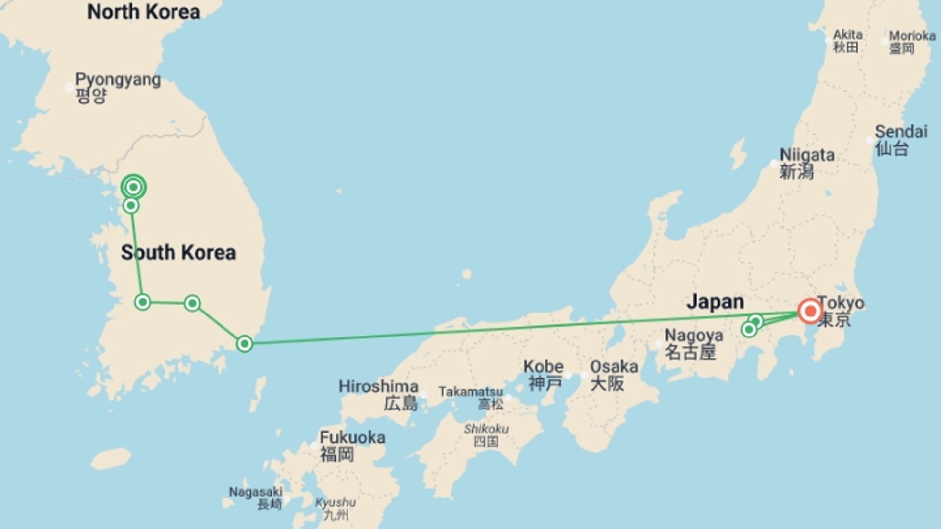 A map showing the tour itinerary for the trip: Korea, Tokyo, and Mount Fuji, starting in Seoul, South Korea and ending in Tokyo, Japan going through 2 other destinations.