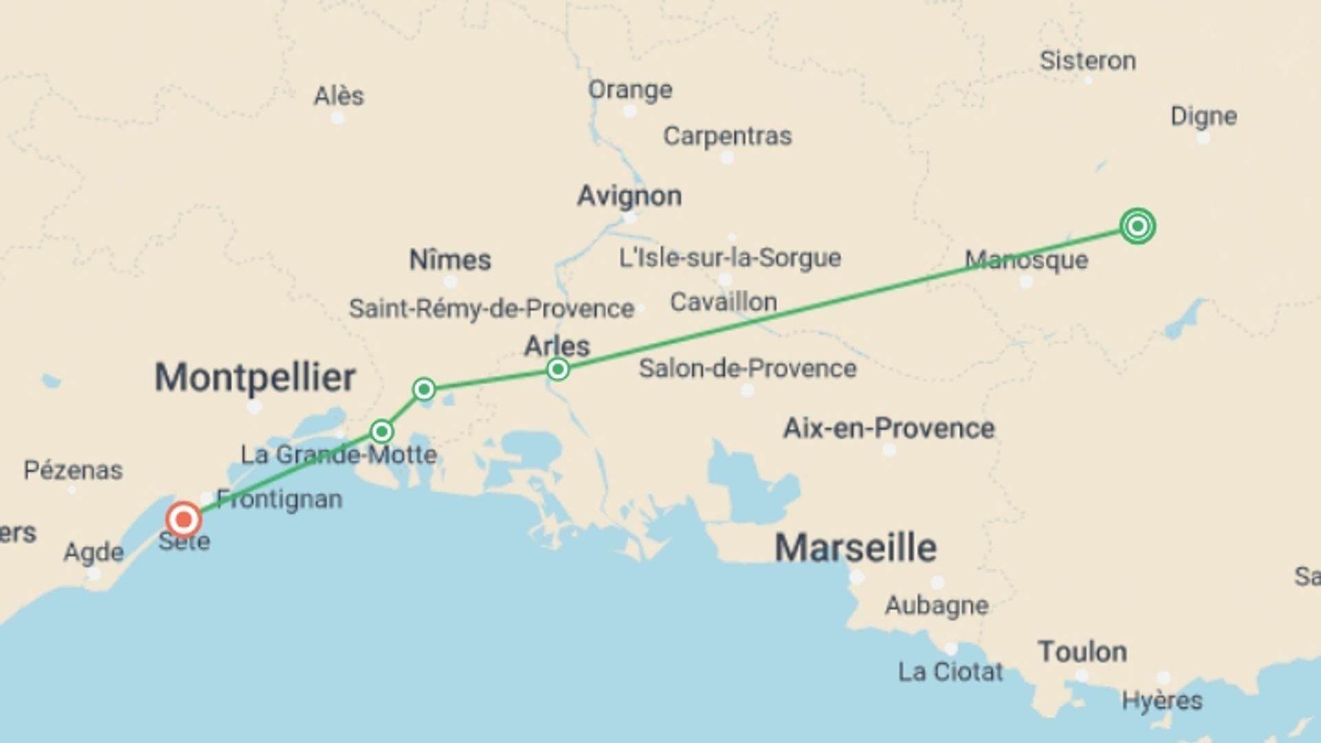 A map showing the tour itinerary for the trip: Charming Provence : a barge cruise in Southern France (port-to-port cruise), starting in Provence, France and ending in Sète, France going through 3 other destinations.