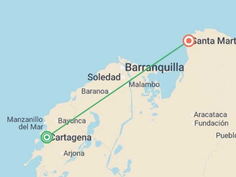 Map of Cartagena Explorer Tour with 2 destination visits for the trip: Caribbean Coast Adventure 5D/4N