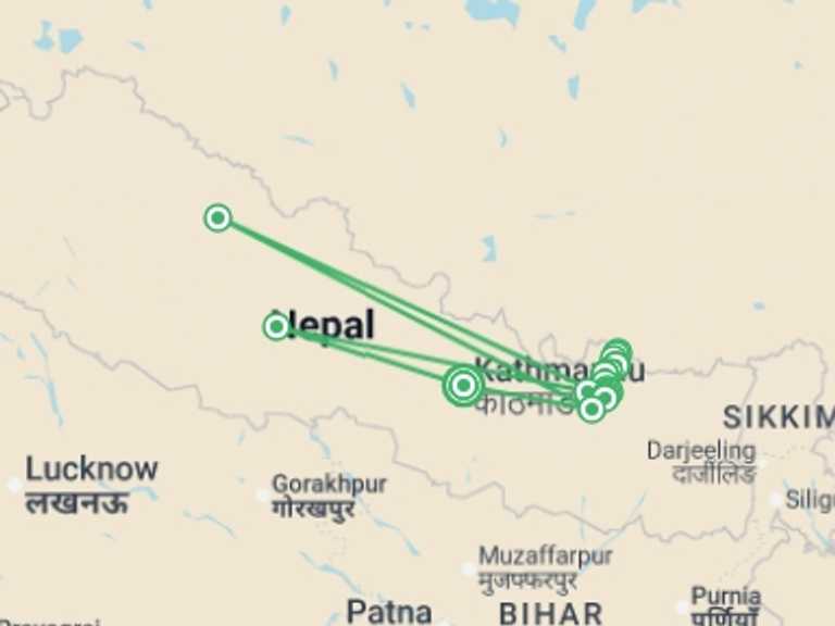 Map itinerary of Kathmandu Tour in November 2026 with 16 destination visits for the trip: Everest Base Camp
