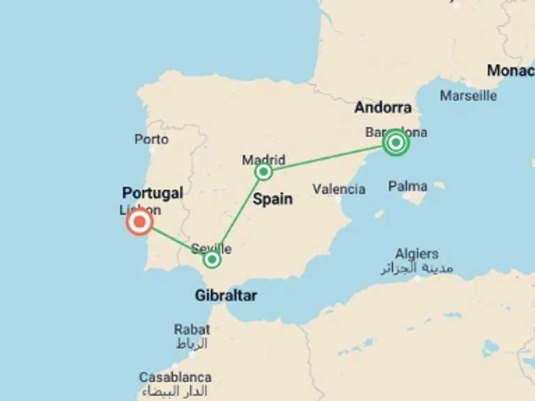 Map of 9-Day Madrid Tour with 5 destination visits for the trip: Great Iberian Cities