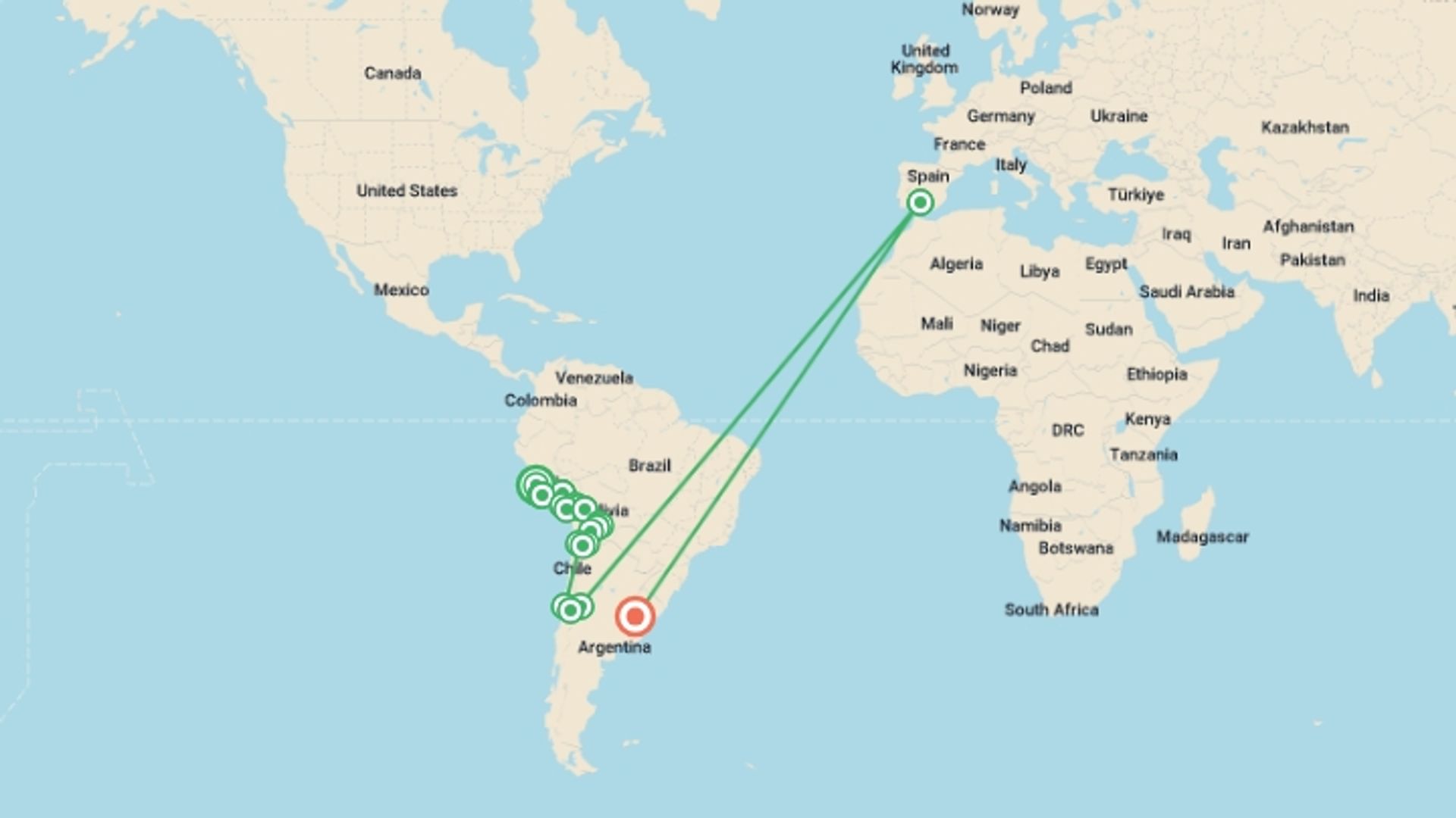 A map showing the tour itinerary for the trip: Lima to Buenos Aires (via Chile) Travel Pass, starting in Lima, Peru and ending in Buenos Aires, Argentina going through 20 other destinations.