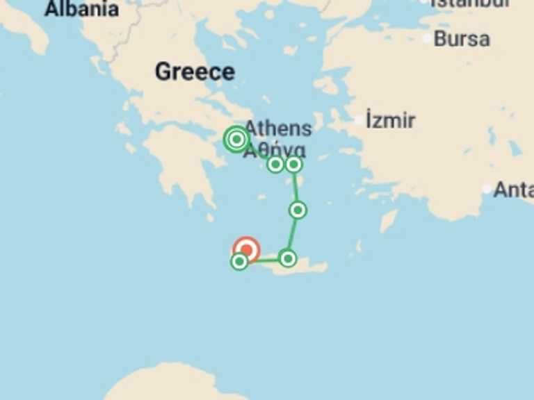 Map of Mediterranean Tour with 8 destination visits for the trip: The Best of Greek Islands