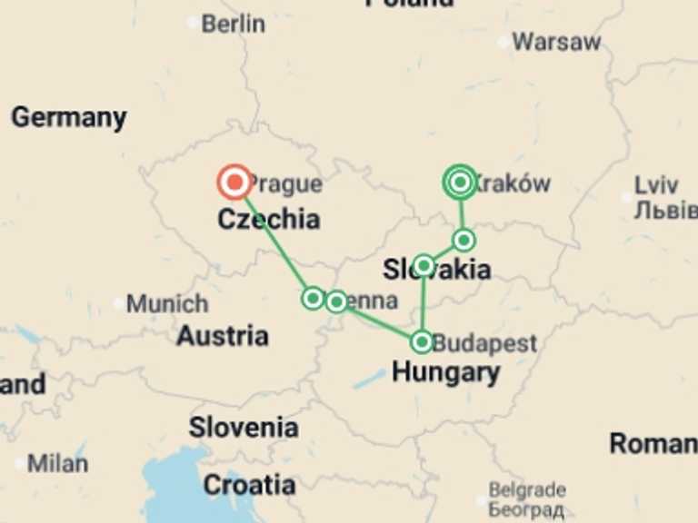 Map itinerary of Europe Tour in June 2026 with 7 destination visits for the trip: Highlights of Eastern Europe