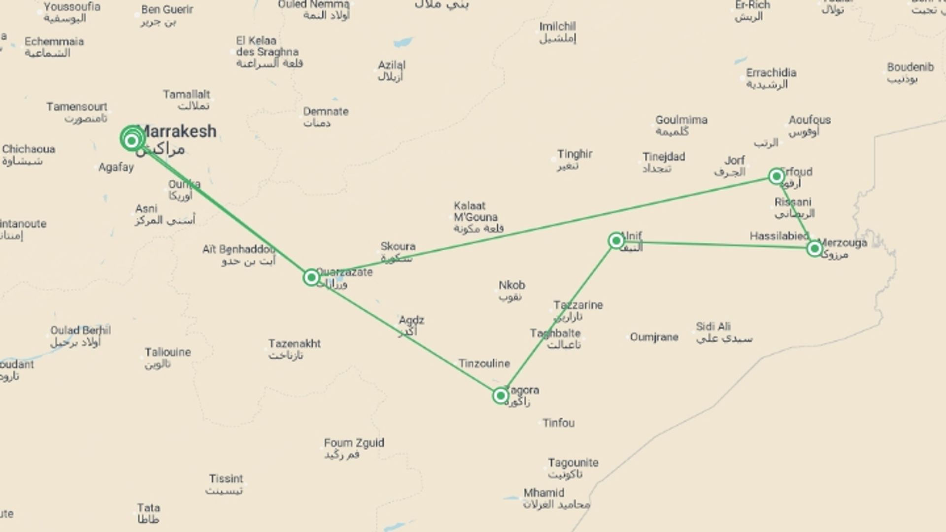 A map showing the tour itinerary for the trip: Atlas Mountains - Tracks Of The Nomads, Spanish-speaking Guide, starting in Marrakech, Morocco and ending in Marrakech, Morocco going through 4 other destinations.