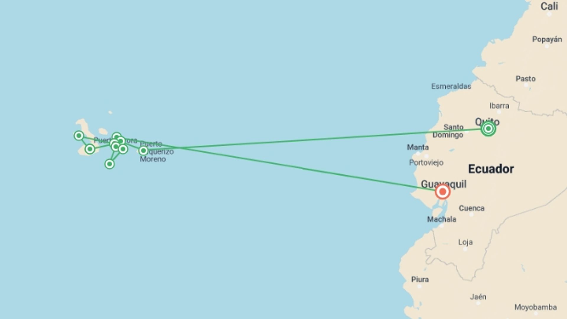 A map showing the tour itinerary for the trip: Galapagos Encounter - Archipel I (Itinerary A), starting in Quito, Ecuador and ending in Guayaquil, Ecuador going through 6 other destinations.