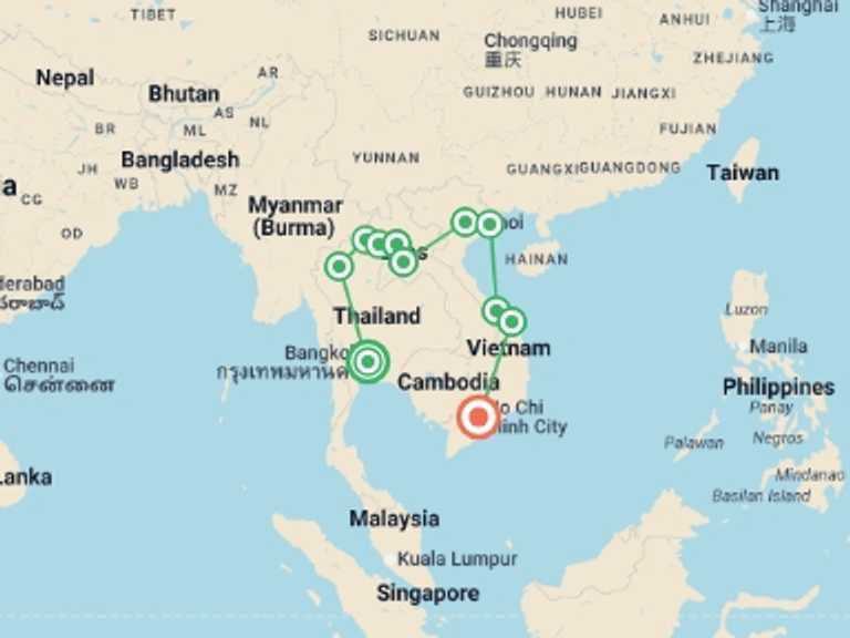 Map itinerary of Hanoi Tour in December 2026 with 11 destination visits for the trip: Thailand, Laos & Vietnam Adventure