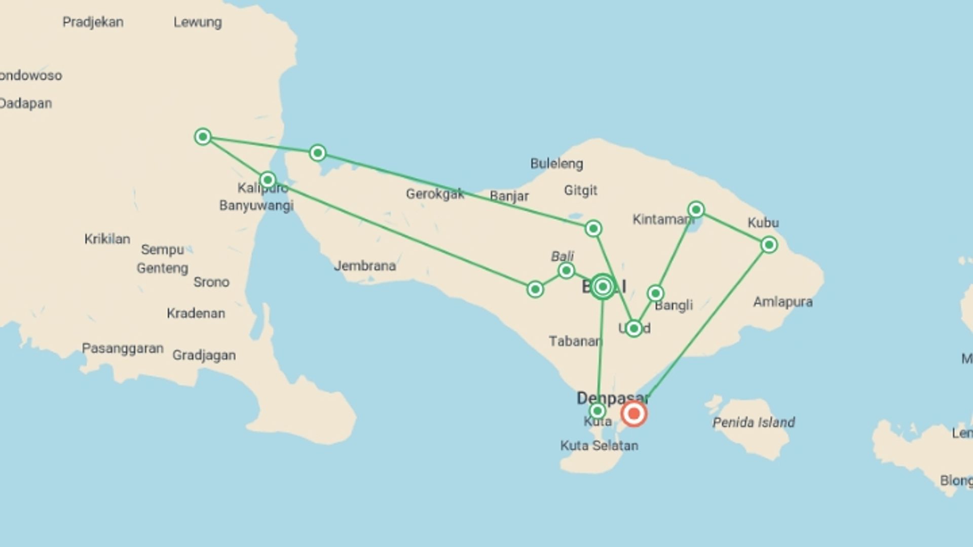 A map showing the tour itinerary for the trip: Bali Multi-Activity Trip with Java, starting in Bali, Indonesia and ending in Sanur, Indonesia going through 8 other destinations.