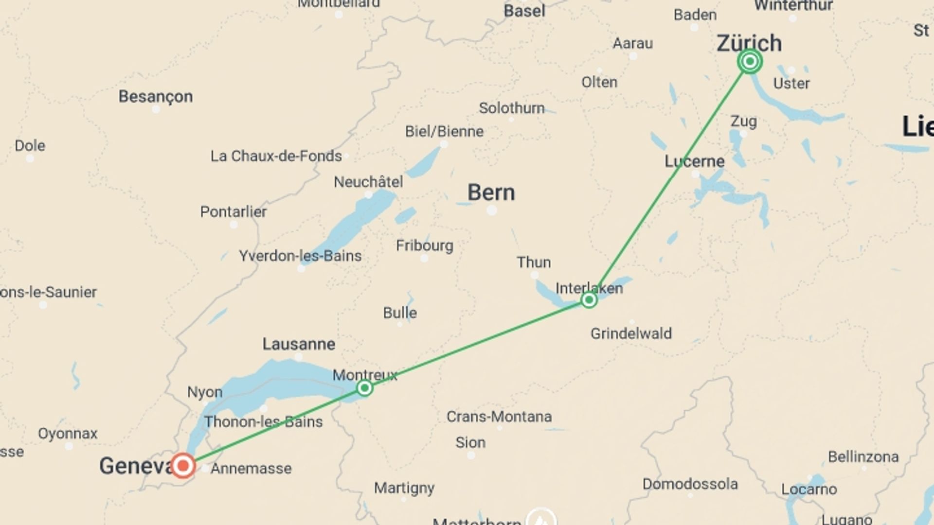 A map showing the tour itinerary for the trip: Picturesque Solo Switzerland Tour, starting in Zurich, Switzerland and ending in feldkirch, feldkirch going through 4 other destinations.