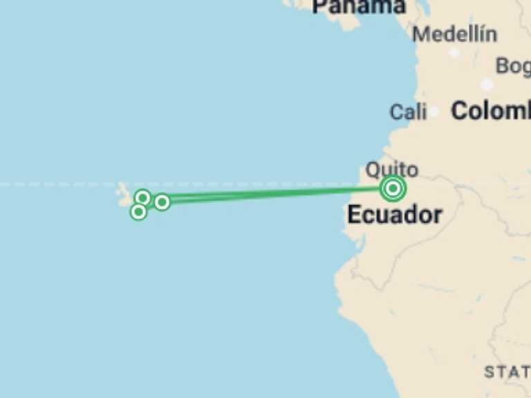 Map itinerary of Quito Tour in April 2027 with 4 destination visits for the trip: Galapagos Family Holiday