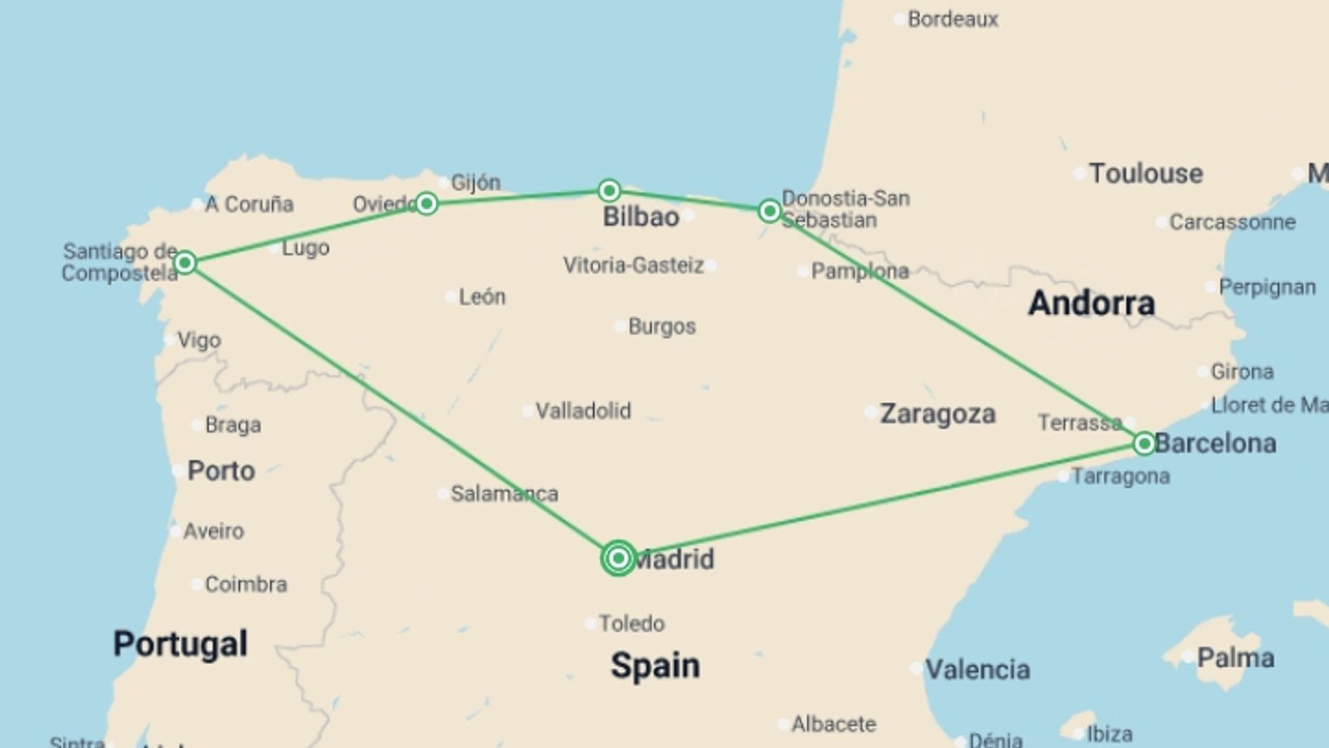 A map showing the tour itinerary for the trip: Northern Spain, starting in Madrid, Spain and ending in Madrid, Spain going through 5 other destinations.
