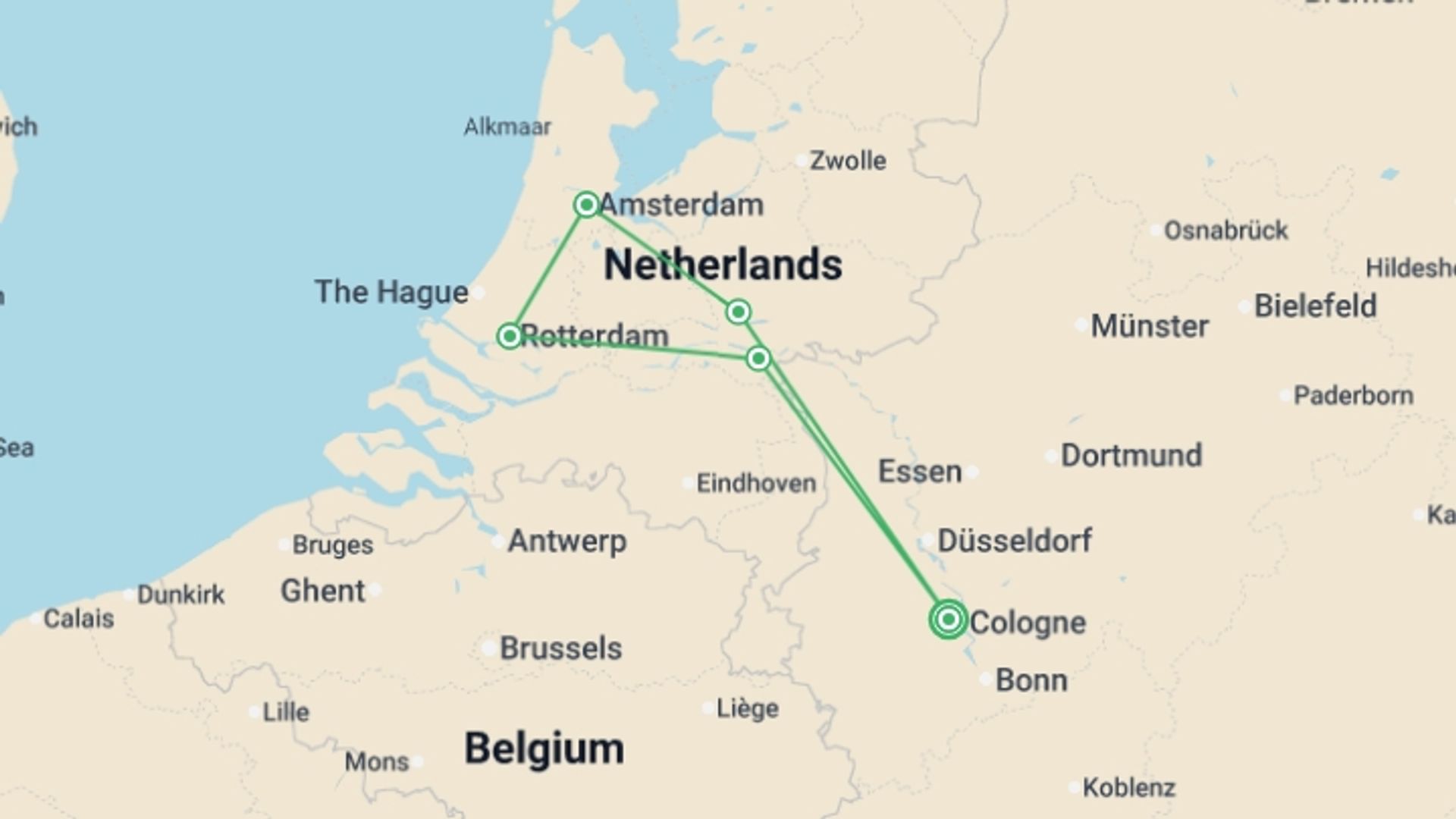 A map showing the tour itinerary for the trip: Magical Rhine Tulip Cruise, starting in Cologne, Germany and ending in Cologne, Germany going through 3 other destinations.