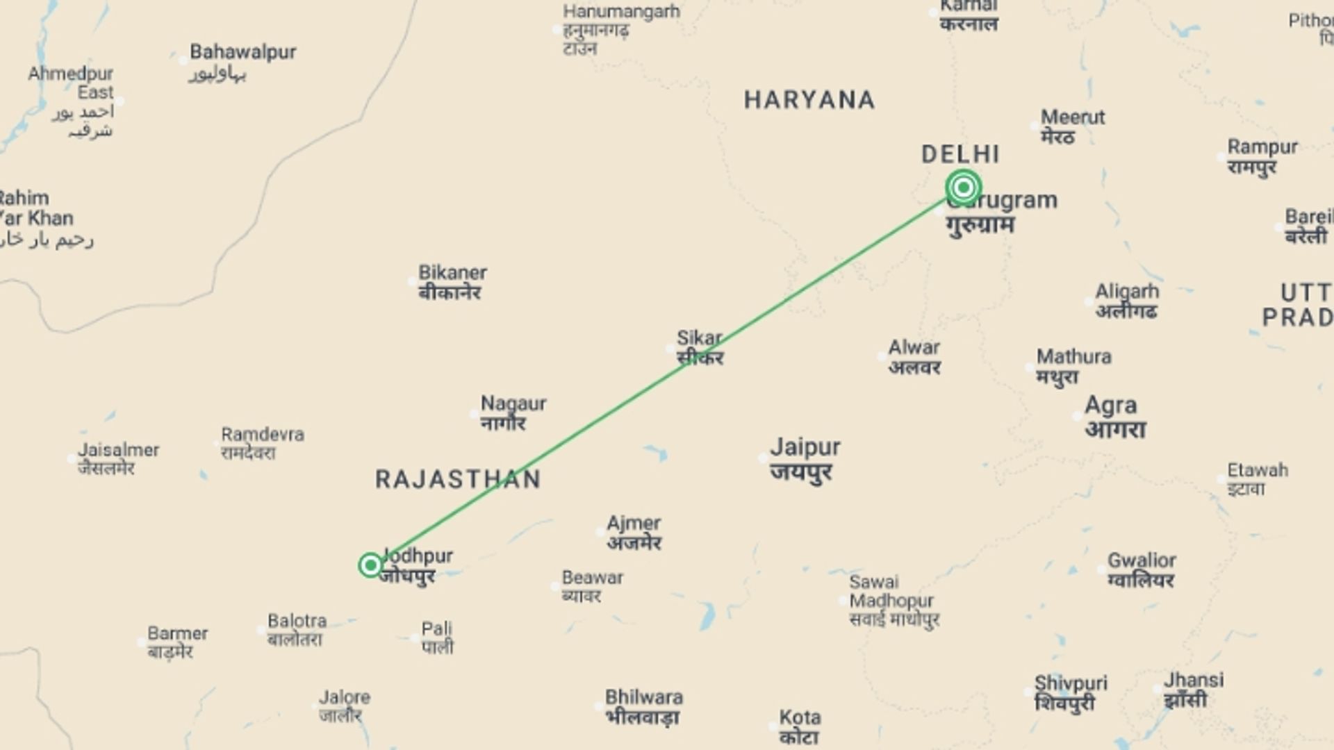 A map showing the tour itinerary for the trip: Jodhpur - 4 days, starting in New Delhi, India and ending in New Delhi, India going through 1 other destinations.