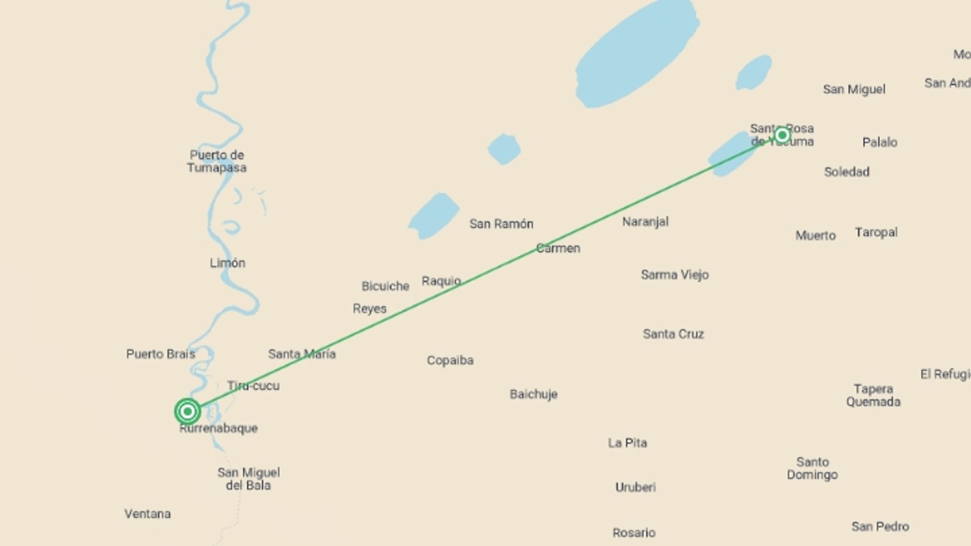 A map showing the tour itinerary for the trip: Bolivian Amazon Pampas Adventure 3D/2N (from Rurrenabaque), starting in Rurrenabaque, Bolivia and ending in Rurrenabaque, Bolivia going through 0 other destinations.