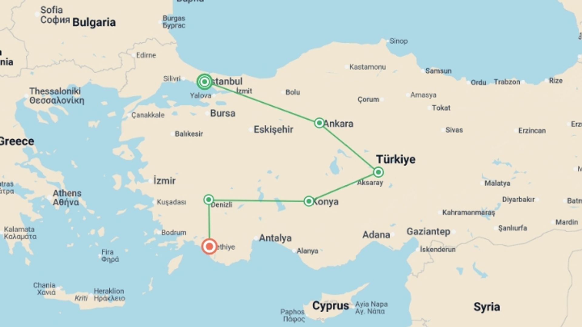 A map showing the tour itinerary for the trip: Turkey Highlights & Riviera - 9 days, starting in Istanbul, Turkey and ending in Fethiye, Turkey going through 2 other destinations.