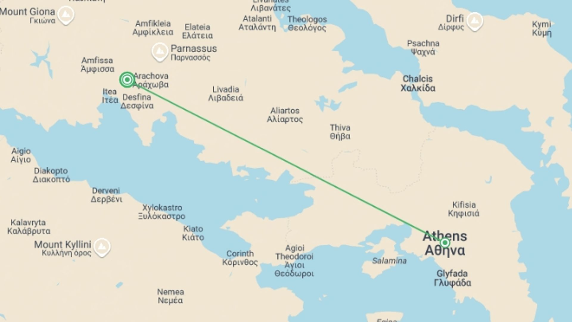 A map showing the tour itinerary for the trip: 2 Days Delphi Tour, starting in Delphi, Greece and ending in Delphi, Greece going through 1 other destinations.