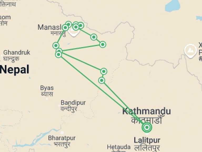 Map of 18-Day Kathmandu Tour with 13 destination visits for the trip: Around Manaslu Trek