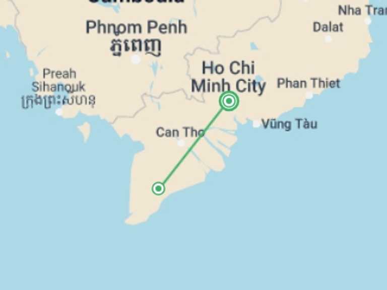 Map of Ho Chi Minh City Sightseeing Tour with 3 destination visits for the trip: Homestay Experience in Mekong Delta
