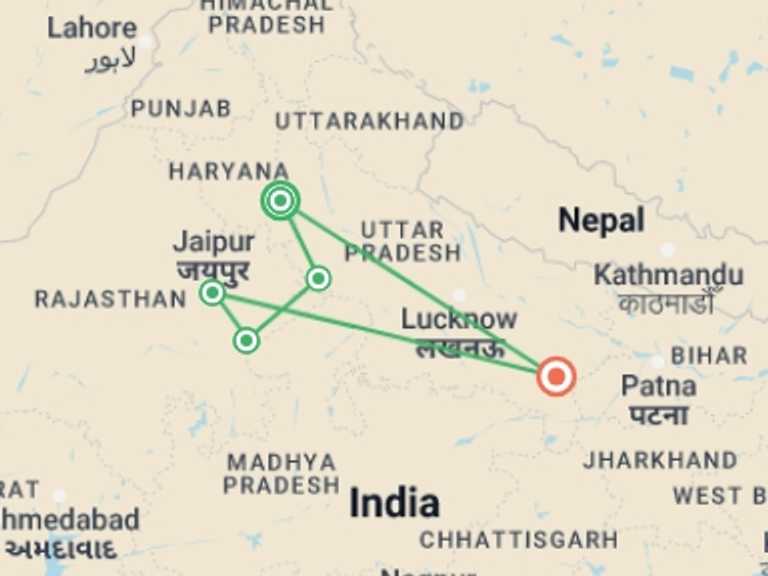 Map of a National parks Tour with 6 destination visits for the trip: Golden Triangle with Ranthambore and Varanasi