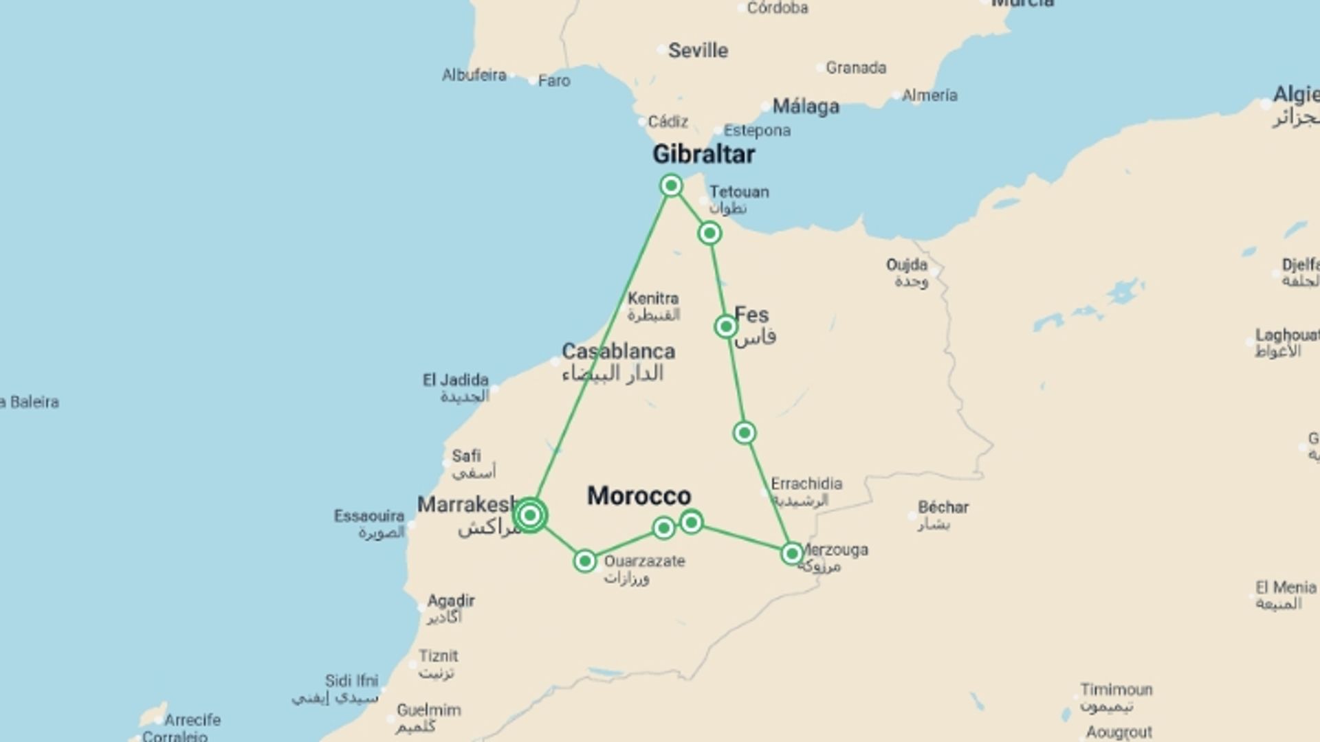 A map showing the tour itinerary for the trip: Cycle Morocco, starting in Marrakech, Morocco and ending in Marrakech, Morocco going through 8 other destinations.