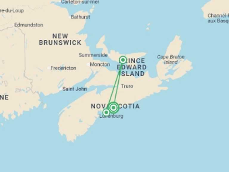 Map itinerary of Canada Tour in October 2026 with 3 destination visits for the trip: Halifax & Prince Edward Island - 6 days