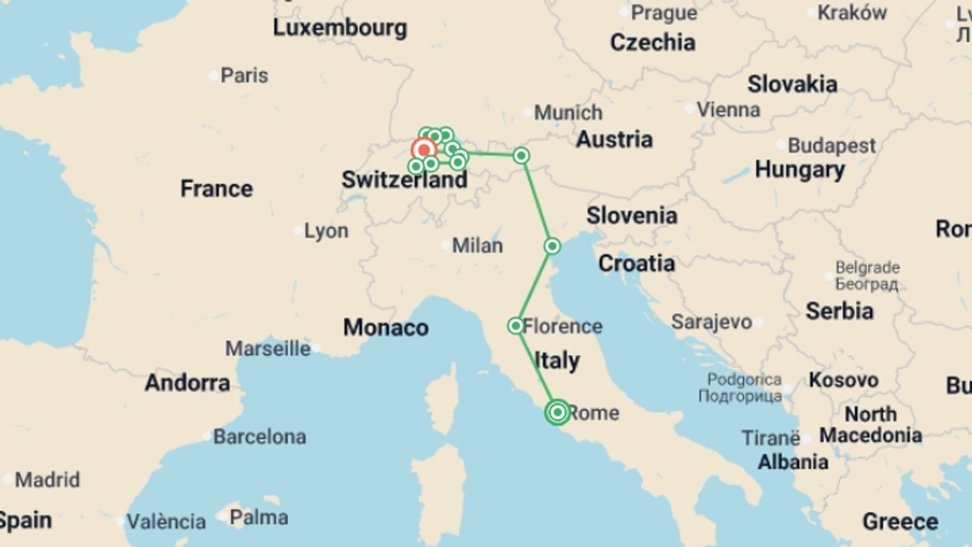 A map showing the tour itinerary for the trip: Italian and Swiss Panorama, starting in Rome, Italy and ending in Zurich, Switzerland going through 4 other destinations.