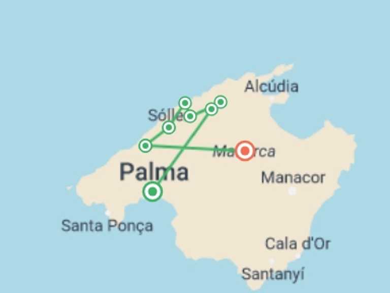 Map of a Trekking and Hiking Tour with 7 destination visits for the trip: Majorca Hike: Sierras & Monasteries