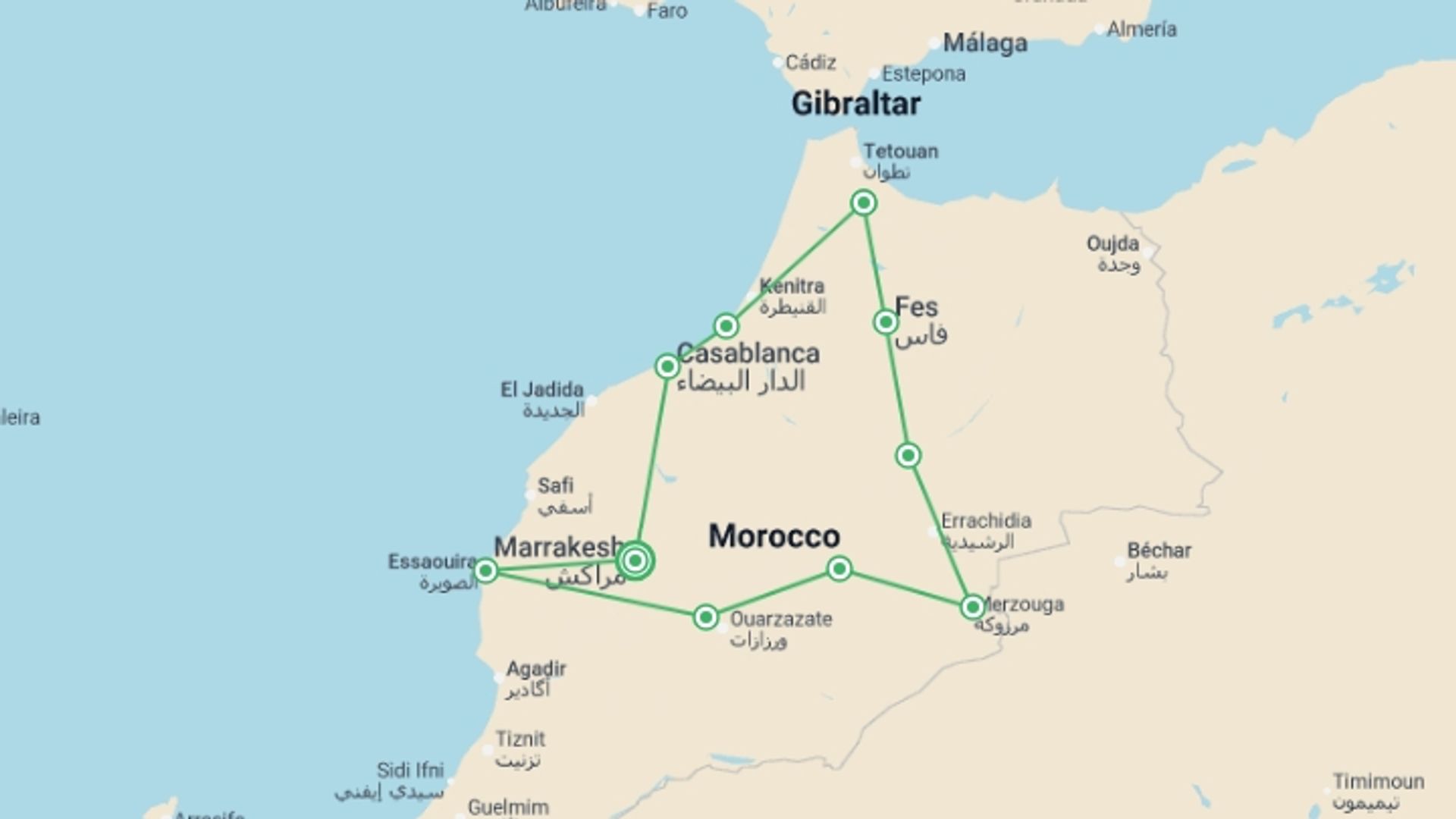 A map showing the tour itinerary for the trip: Camels, Souks & Kasbahs - 15 Days, starting in Marrakech, Morocco and ending in Marrakech, Morocco going through 8 other destinations.