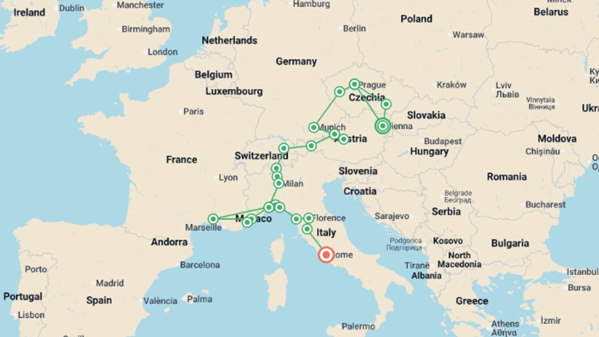 A map showing the tour itinerary for the trip: Vienna to the French Riviera & Rome - 14 days, starting in Vienna, Austria and ending in Rome, Italy going through 7 other destinations.