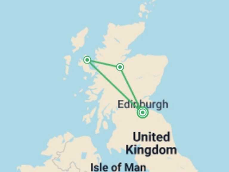Map of Scotland Sightseeing Tour with 3 destination visits for the trip: Wild Skye & Loch Ness Hunter