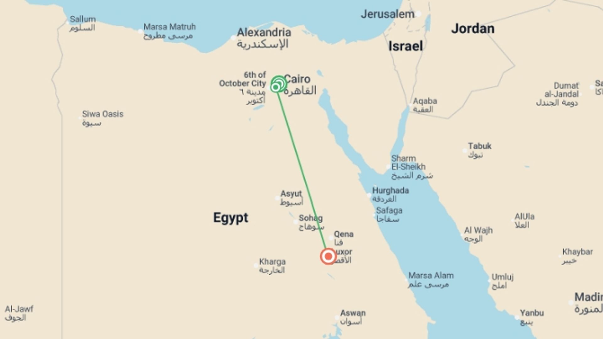 A map showing the tour itinerary for the trip: Cairo to Luxor Explorer - 6 days, starting in Cairo, Egypt and ending in Luxor, Egypt going through 1 other destinations.