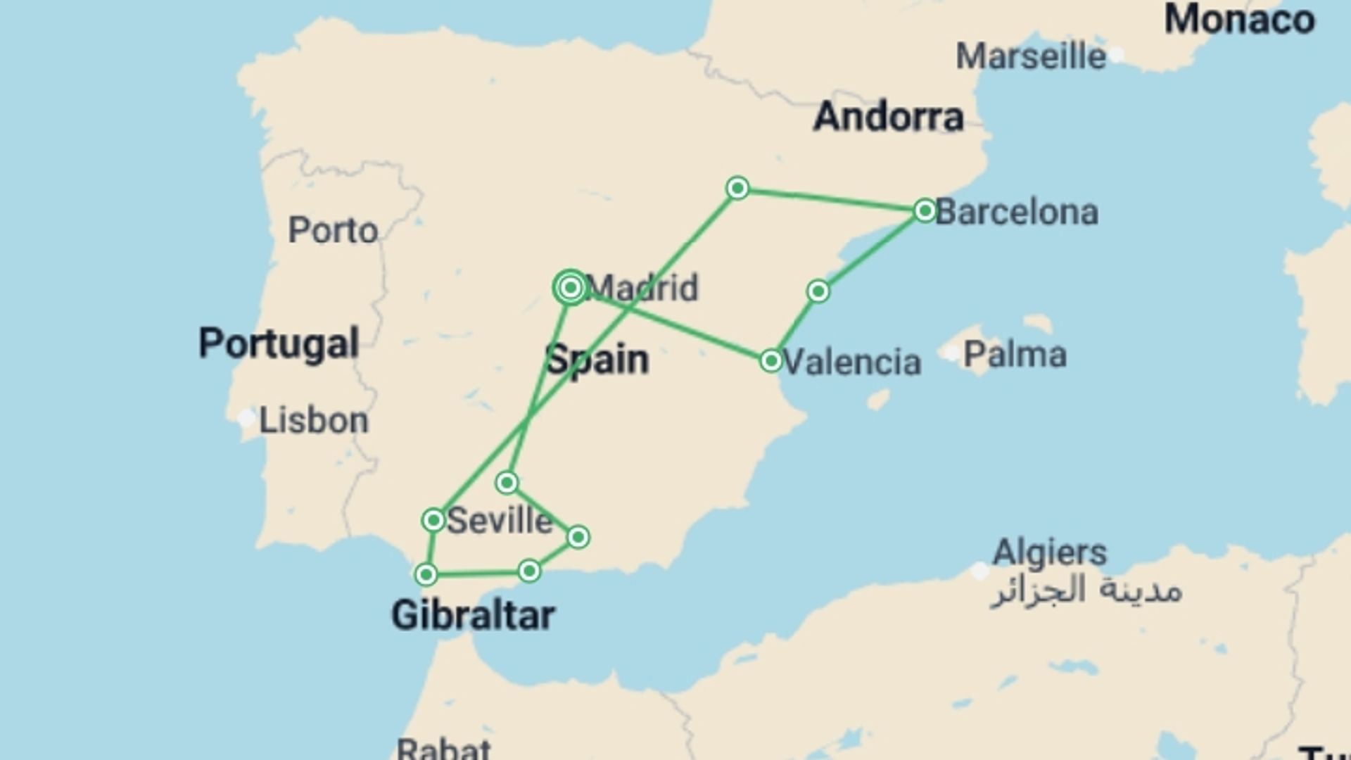 A map showing the tour itinerary for the trip: Ultimate Andalusia, starting in Madrid, Spain and ending in Madrid, Spain going through 7 other destinations.