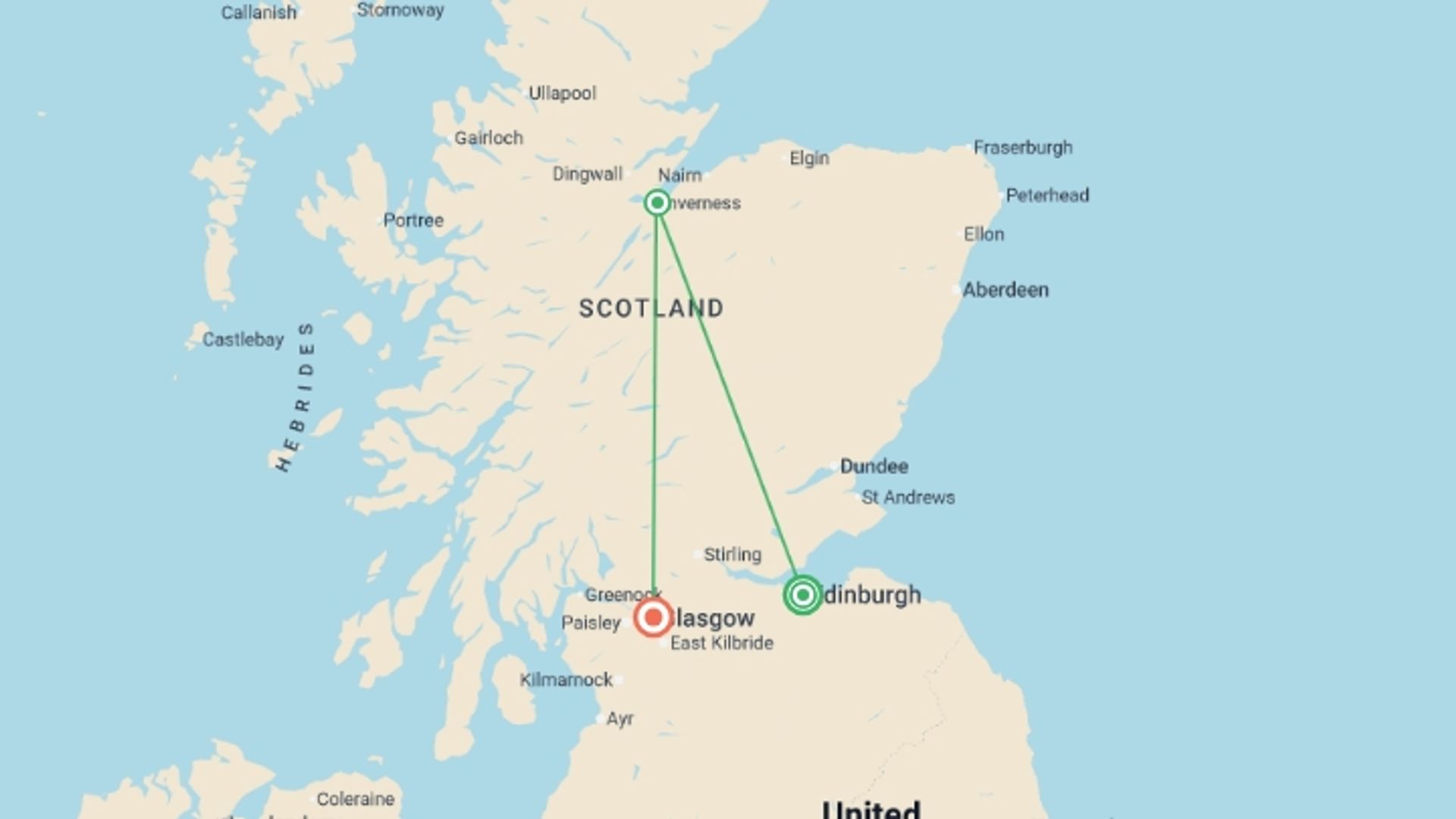 A map showing the tour itinerary for the trip: Scotland, starting in Edinburgh, Scotland and ending in Glasgow, Scotland going through 1 other destinations.