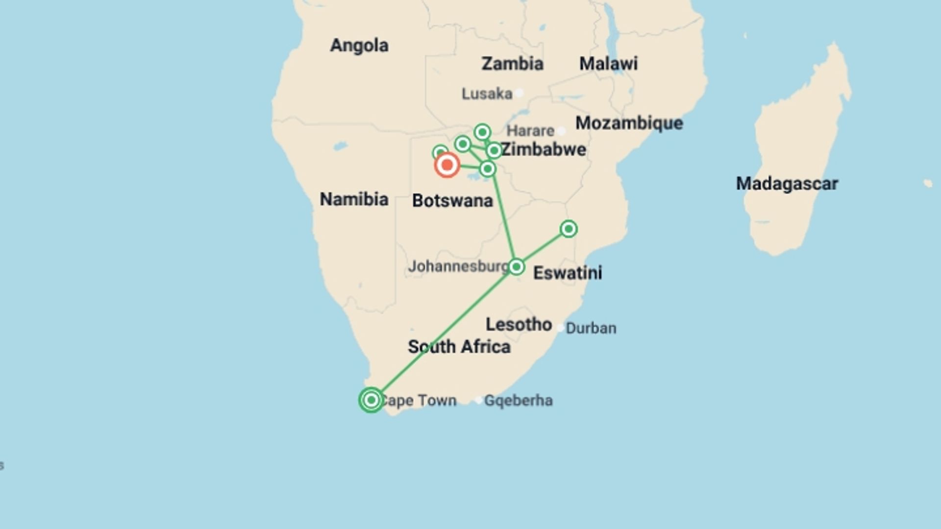 A map showing the tour itinerary for the trip: Unforgettable Africa: From Cape Town to the Okavango Delta, starting in Cape Town, South Africa and ending in Maun, Botswana going through 7 other destinations.