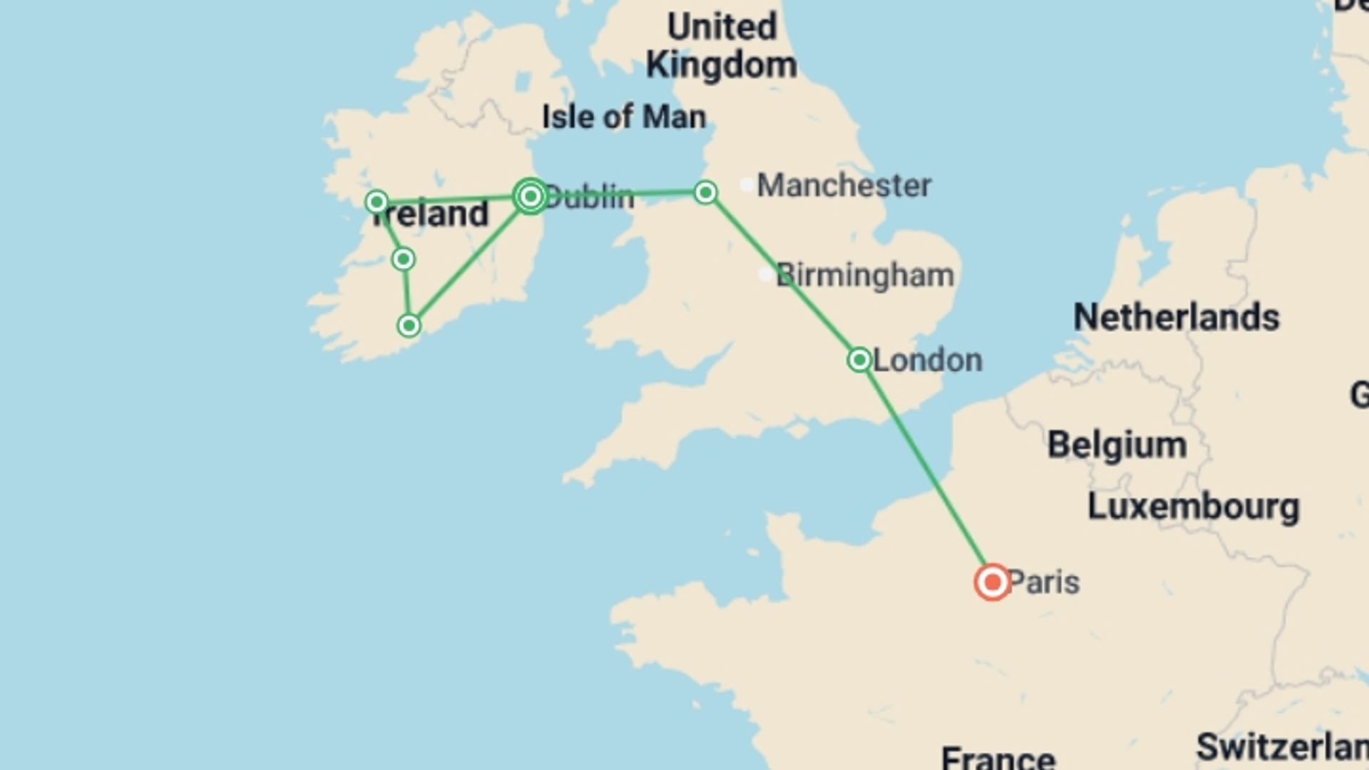 A map showing the tour itinerary for the trip: Ireland, the United Kingdom and Paris, starting in Dublin, Ireland and ending in Paris, France going through 5 other destinations.