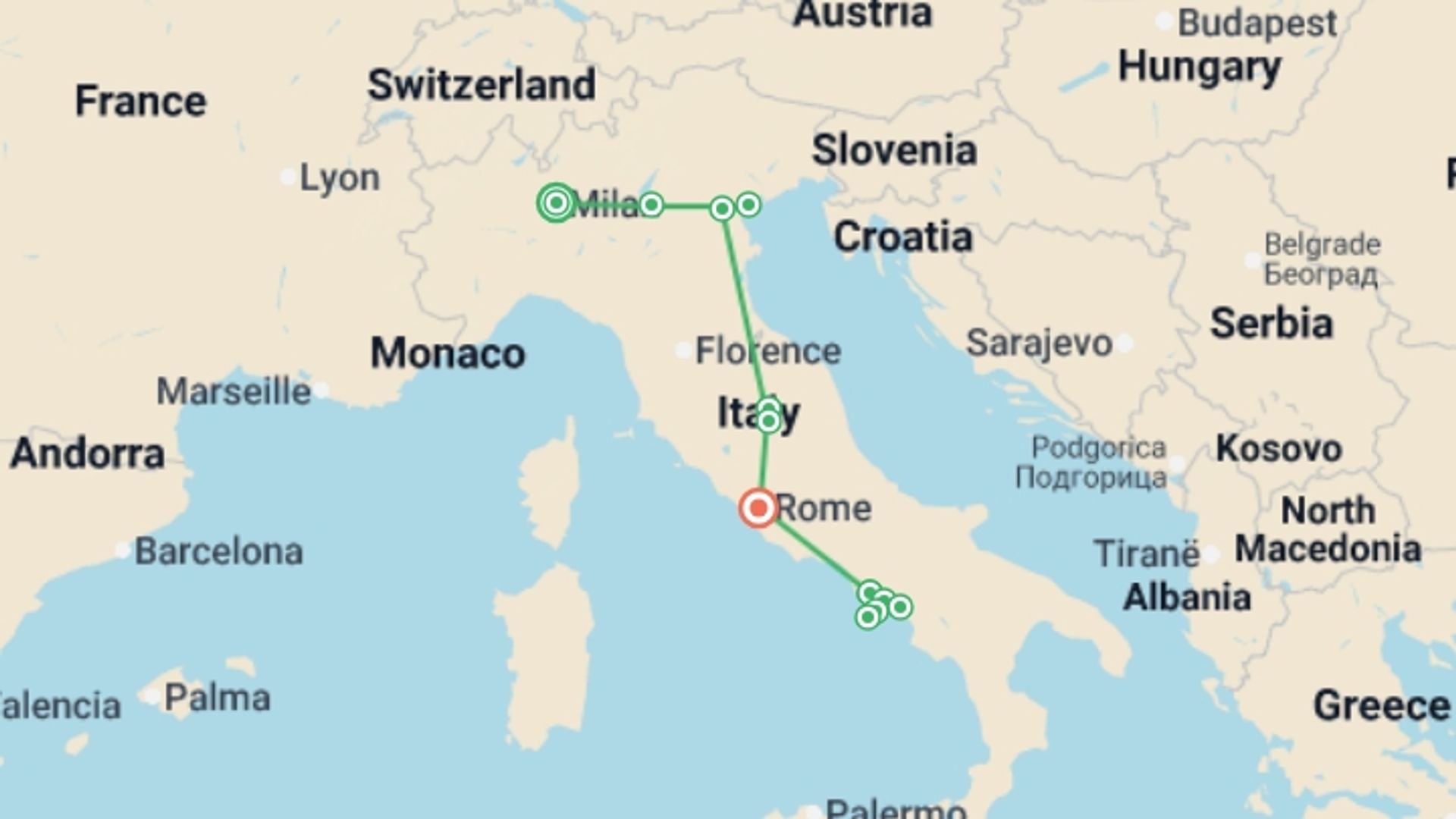 A map showing the tour itinerary for the trip: All About Italy, starting in Milan, Italy and ending in Rome, Italy going through 5 other destinations.