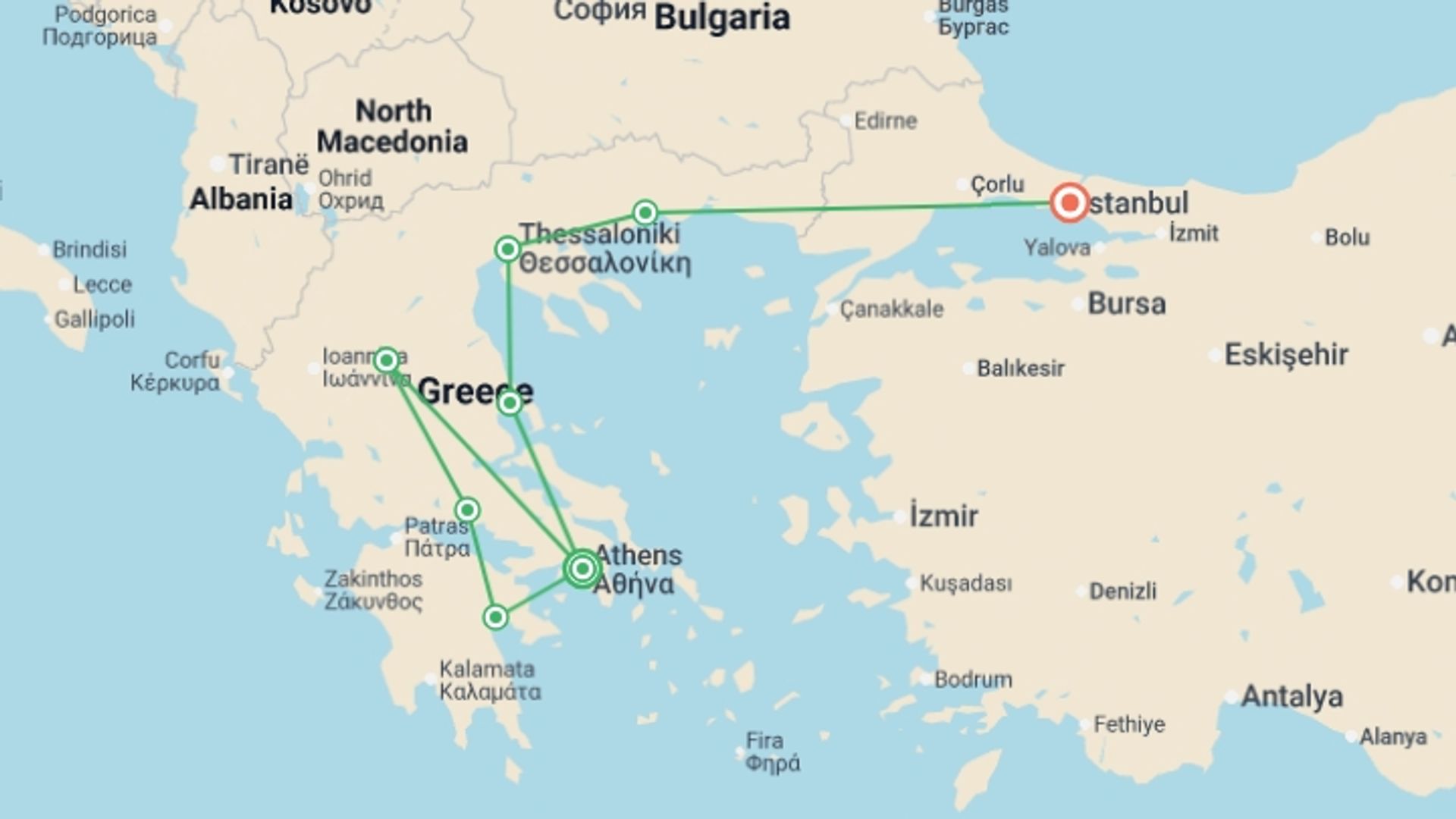 A map showing the tour itinerary for the trip: Classic Mainland Greece:  Athens to Istanbul, starting in Athens, Greece and ending in Istanbul, Turkey going through 6 other destinations.