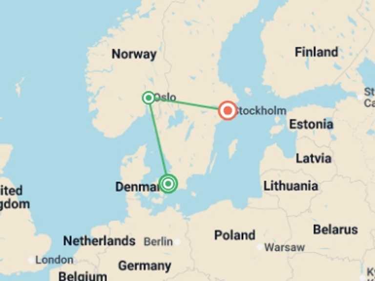 Map itinerary of Europe Tour in June 2026 with 3 destination visits for the trip: Denmark, Norway & Sweden Capitals - 8 days