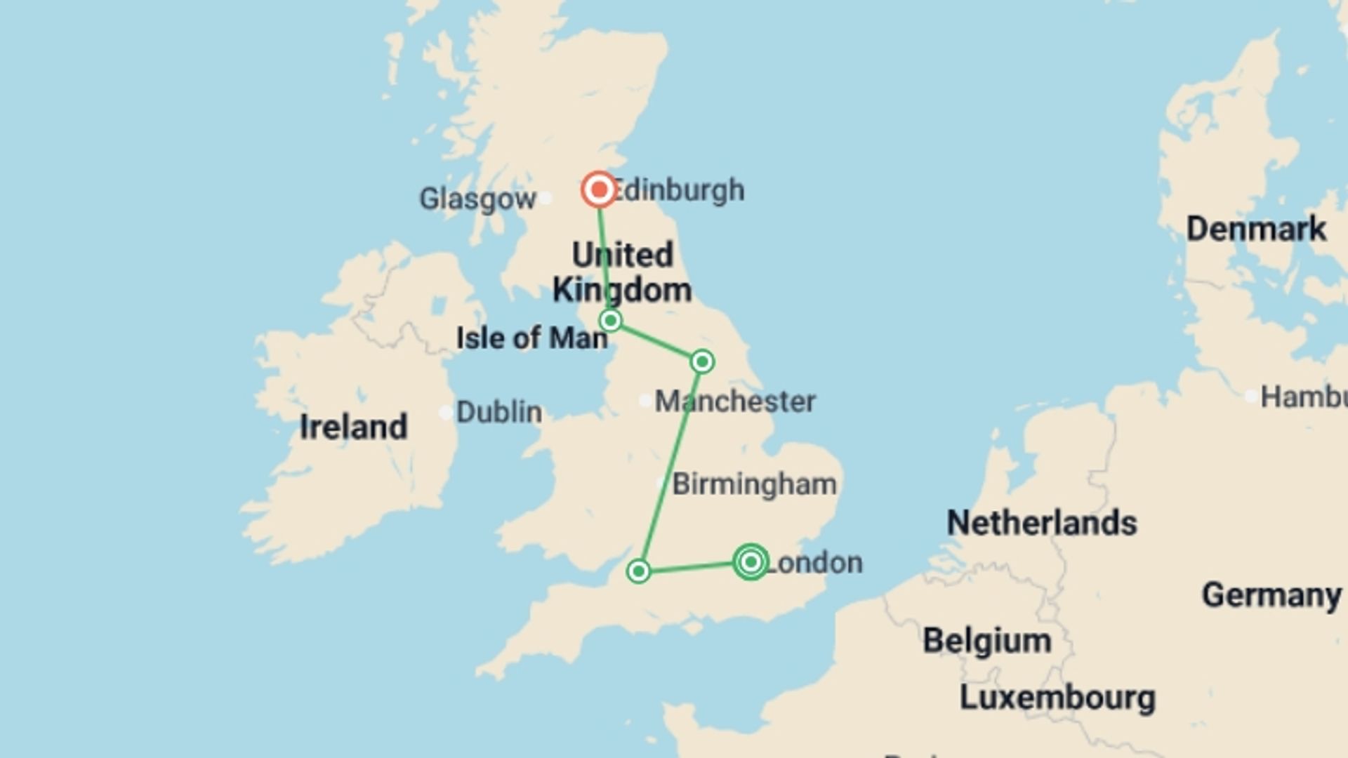 A map showing the tour itinerary for the trip: British Royale, starting in London, England and ending in Edinburgh, Scotland going through 3 other destinations.