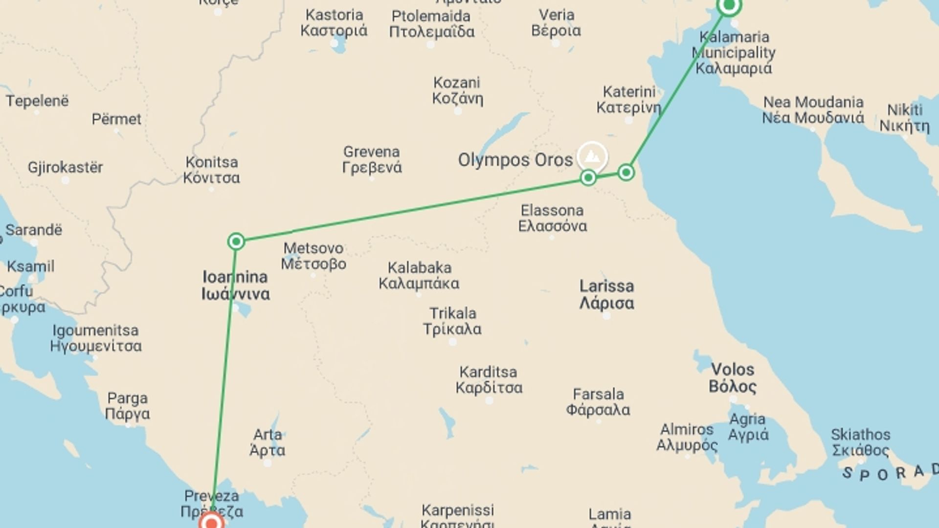A map showing the tour itinerary for the trip: Hiking Northern Greece, starting in Thessaloniki, Greece and ending in Preveza, Greece going through 4 other destinations.