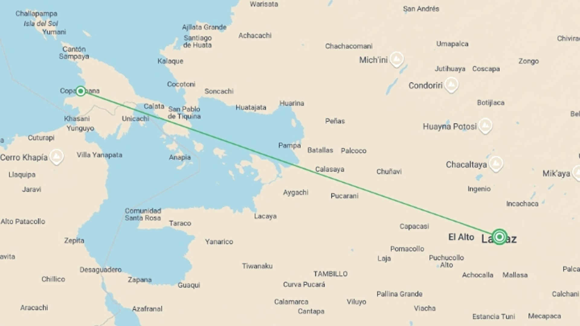 A map showing the tour itinerary for the trip: Lake Titicaca & Isla del Sol Adventure 2D/1N (La Paz to La Paz), starting in La Paz, Bolivia and ending in La Paz, Bolivia going through 1 other destinations.
