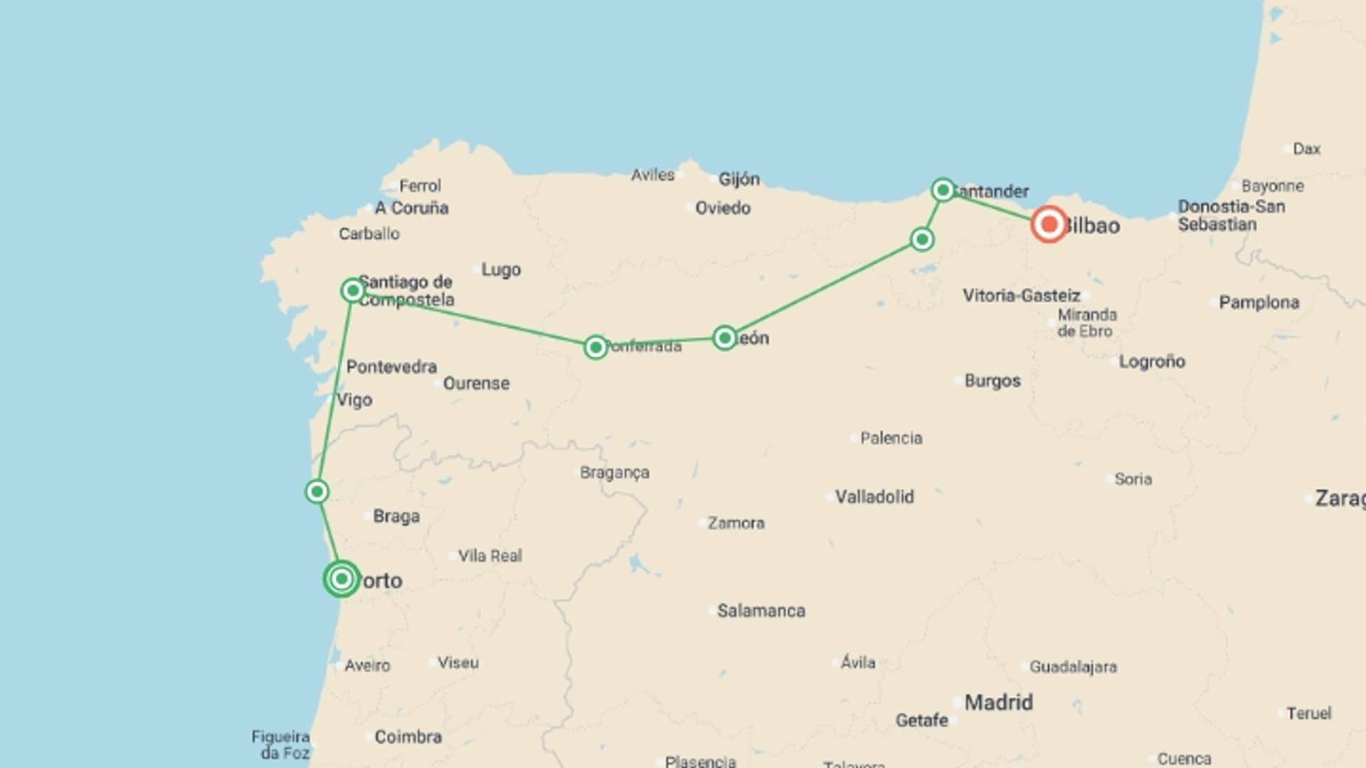 A map showing the tour itinerary for the trip: A Taste of the Camino: Porto to Bilbao, starting in Porto, Portugal and ending in Bilbao, Spain going through 2 other destinations.