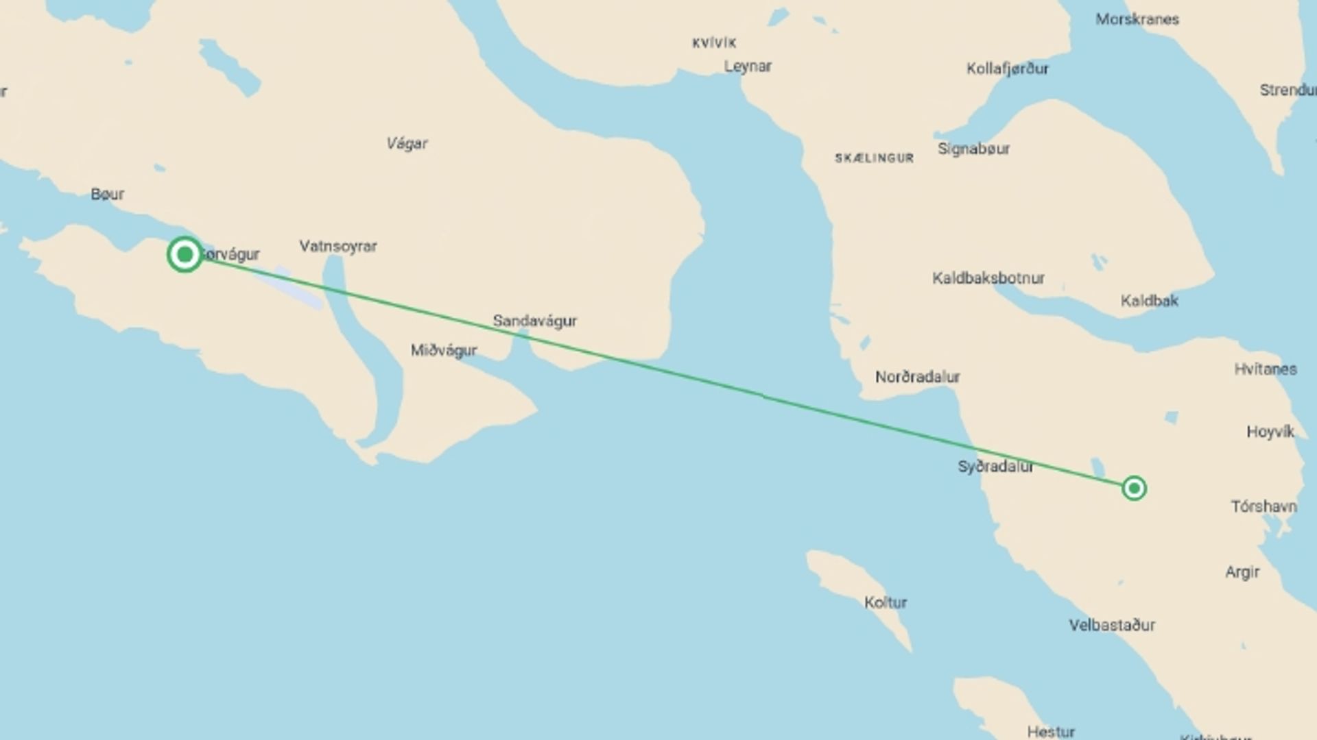 A map showing the tour itinerary for the trip: Faroe Islands Express - 5 days, starting in Sørvágur, Denmark and ending in Sørvágur, Denmark going through 2 other destinations.