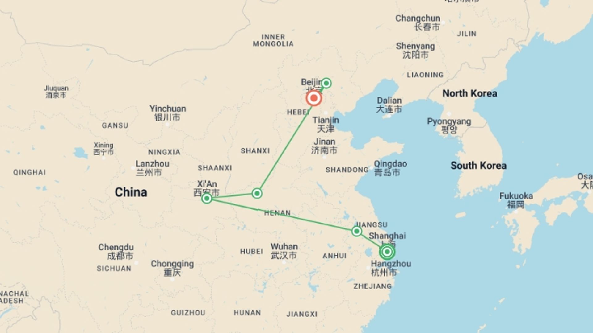 A map showing the tour itinerary for the trip: Solo-ish China, starting in Shanghai, China and ending in Beijing, China going through 4 other destinations.