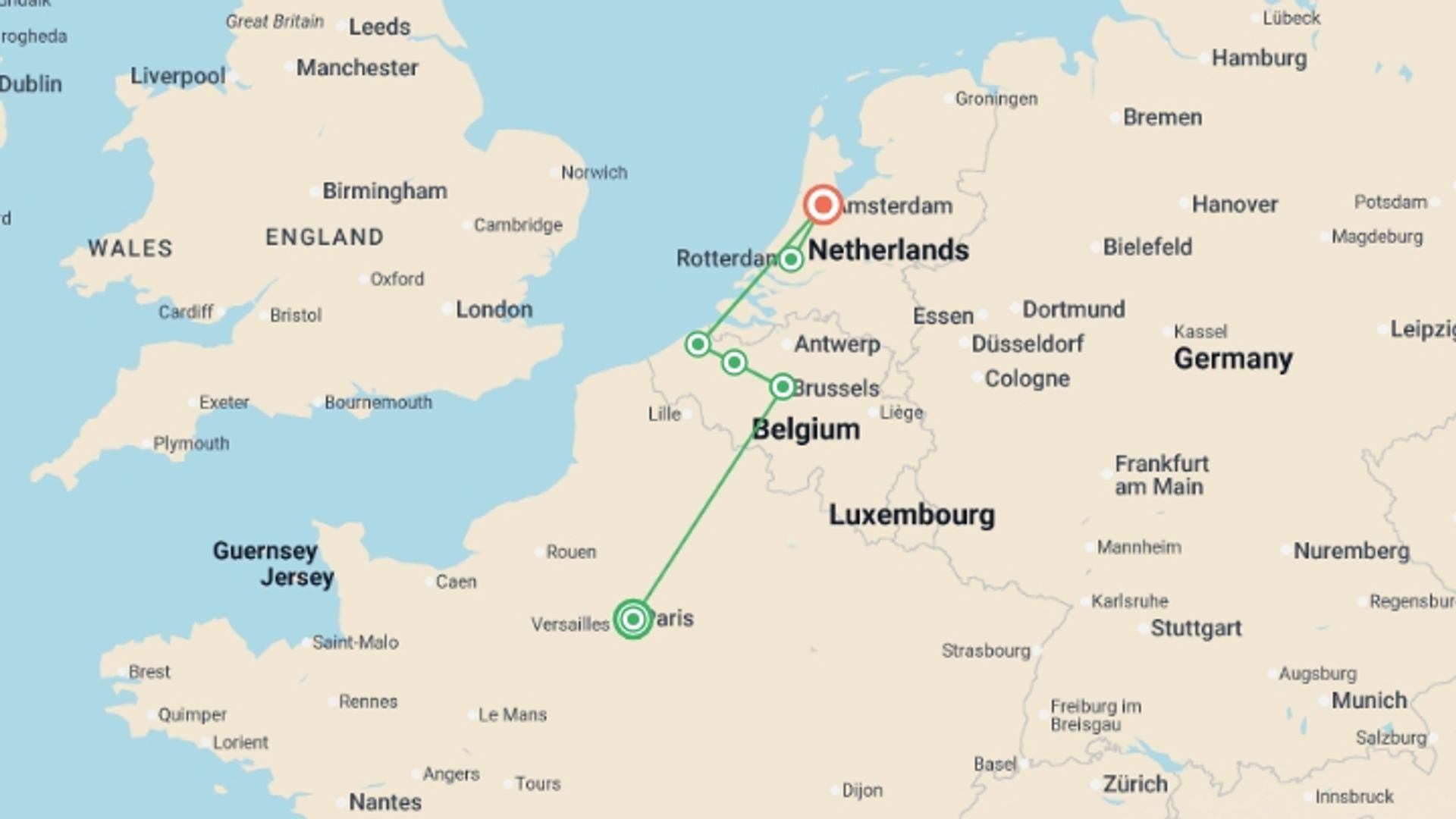 A map showing the tour itinerary for the trip: Paris to Amsterdam, starting in Paris, France and ending in Amsterdam, Holland going through 4 other destinations.