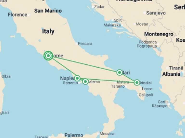 Map itinerary of Europe Tour in Winter with 5 destination visits for the trip: Beautiful Puglia and Campania