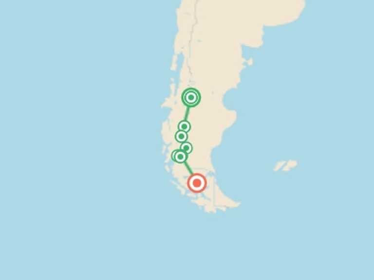 Map of Chile Tour with 11 destination visits for the trip: Great Patagonian Traverse