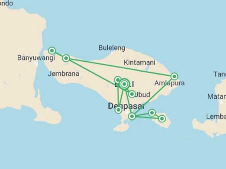 Map of Indonesia Tour with 6 destination visits for the trip: Bali, Bike & Beach