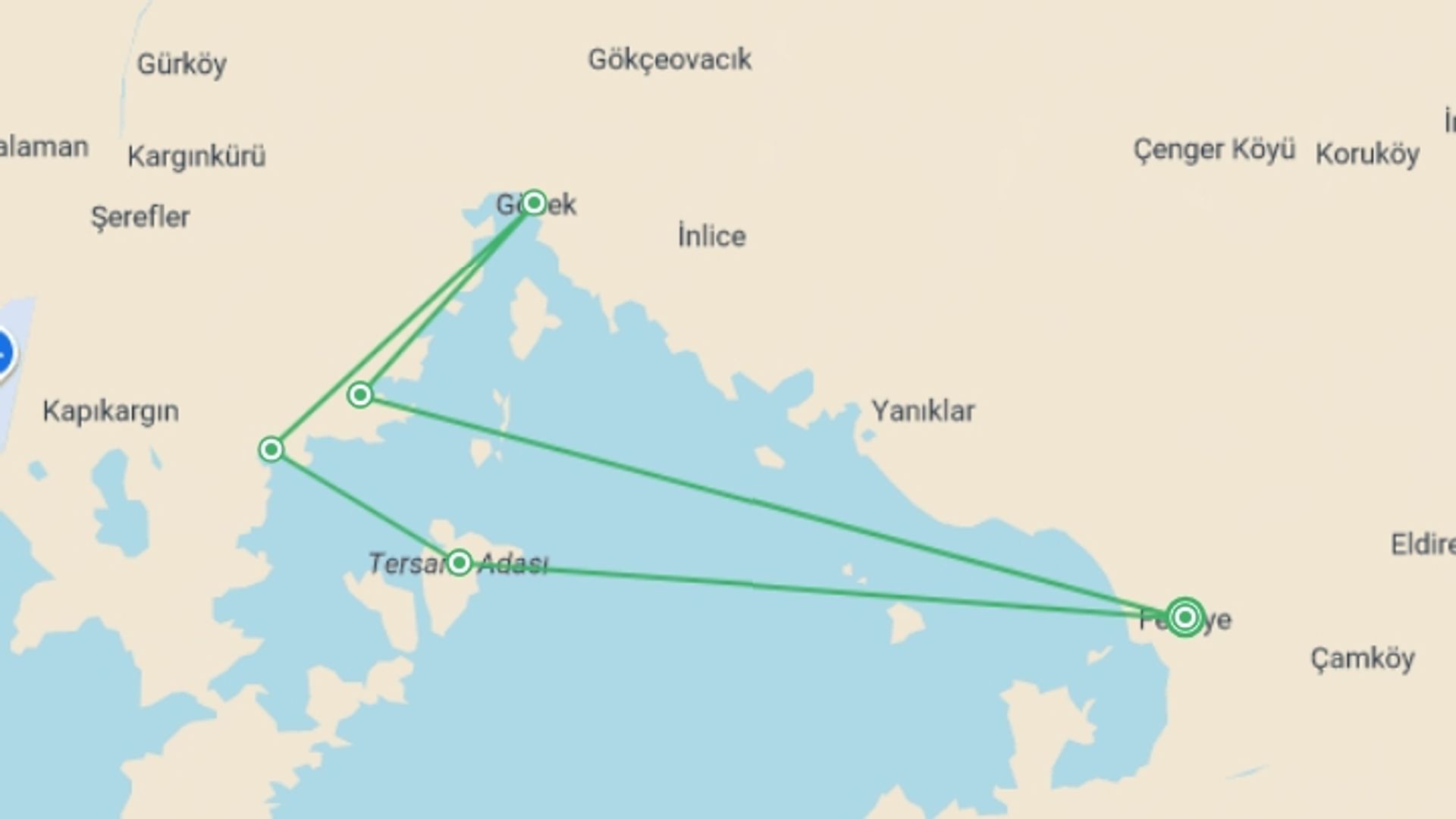 A map showing the tour itinerary for the trip: Fethiye And Gocek Gulet Tour, starting in Fethiye, Turkey and ending in Fethiye, Turkey going through 4 other destinations.