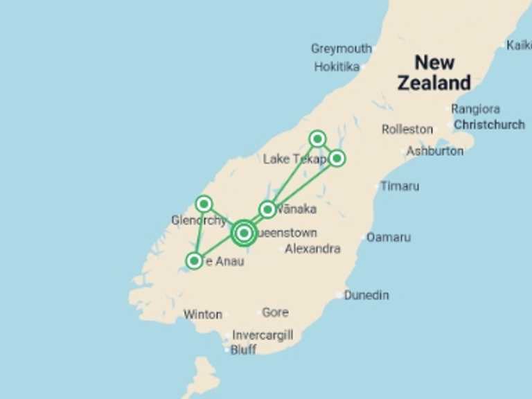 Map of New Zealand Tour with 7 destination visits for the trip: NZ Intro South